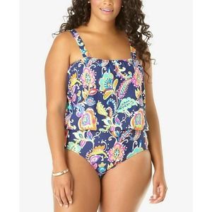 Anne Cole Paisley Pom Blouson Bandeau Banded One-Piece Swimsuit US 20W